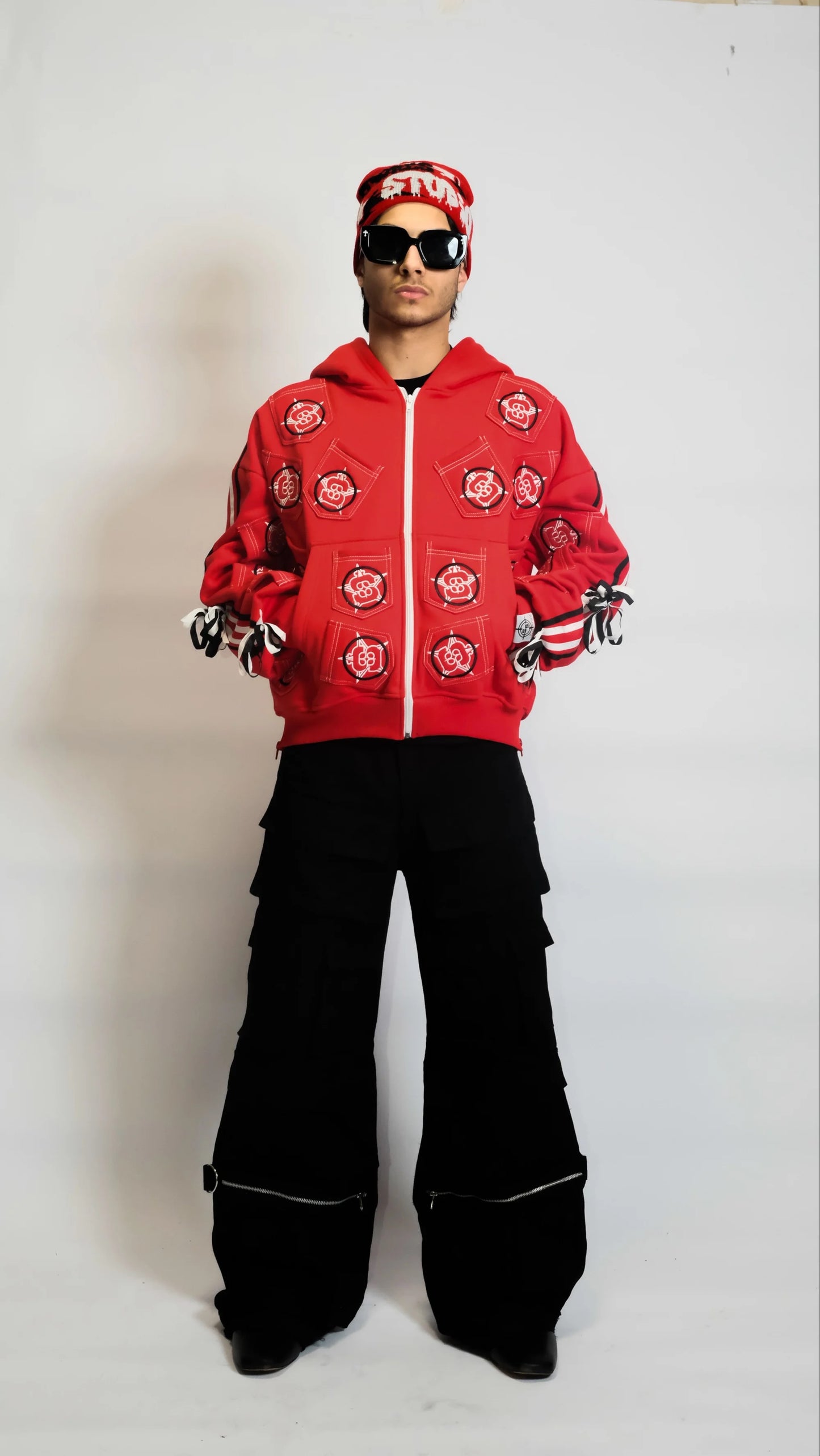 RED MULTI-POCKETS ZIP-UP HOODIE
