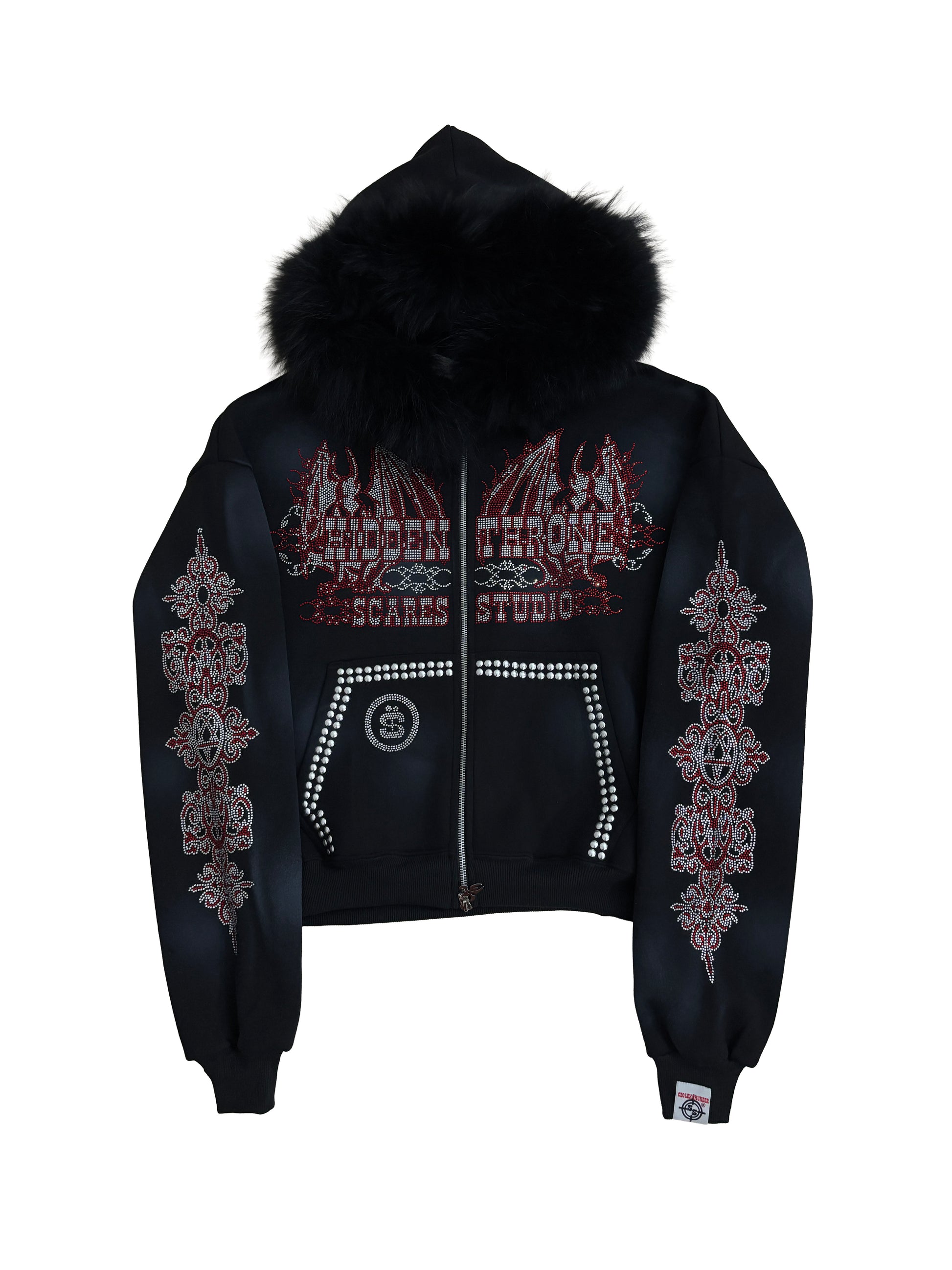 HIDDEN THRONE BLACK SPRAY HOODIE FUR ZIPPER