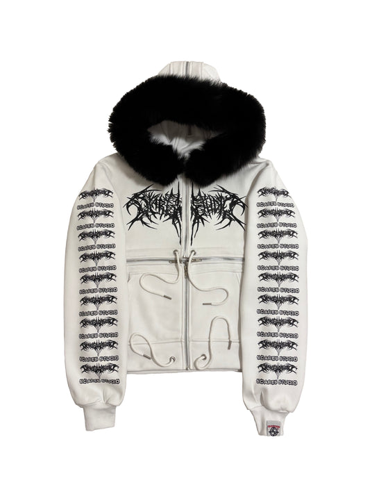 WHITE ARAB MANI RAGE CROSS-ZIPPER HOODIE