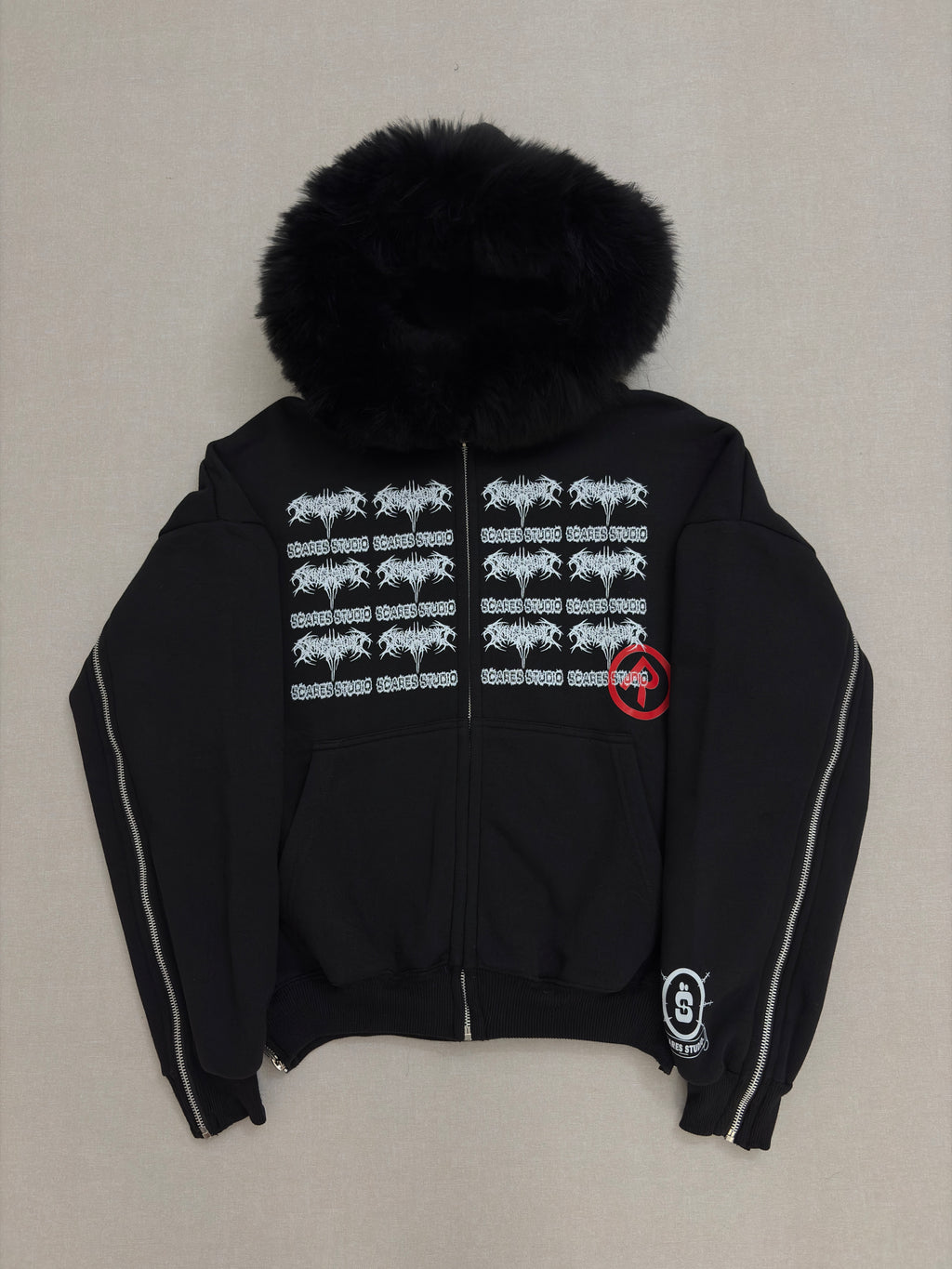 TRIBAL SYMBOLS BLACK FUR ZIPPER