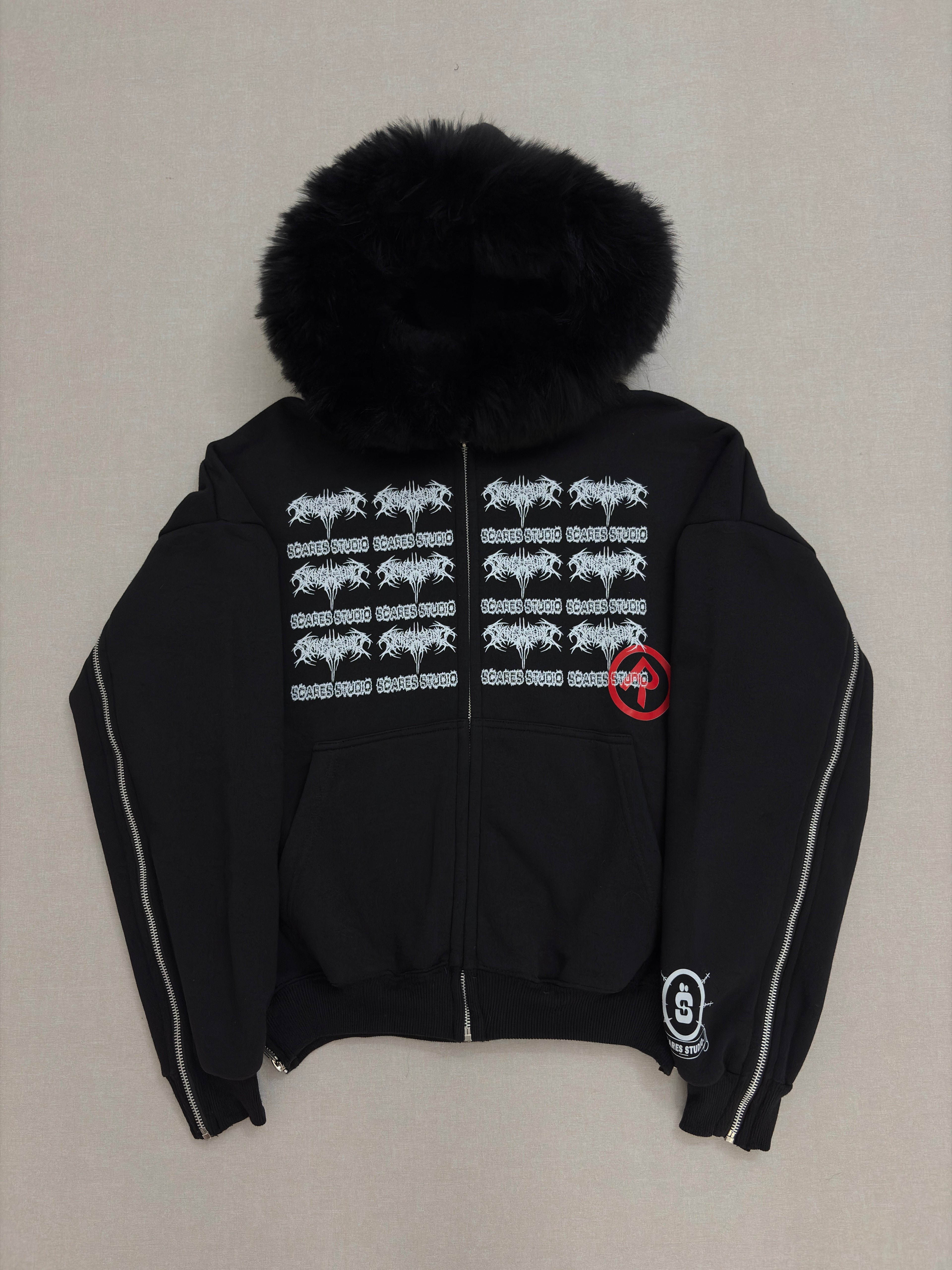 TRIBAL SYMBOLS BLACK FUR ZIPPER