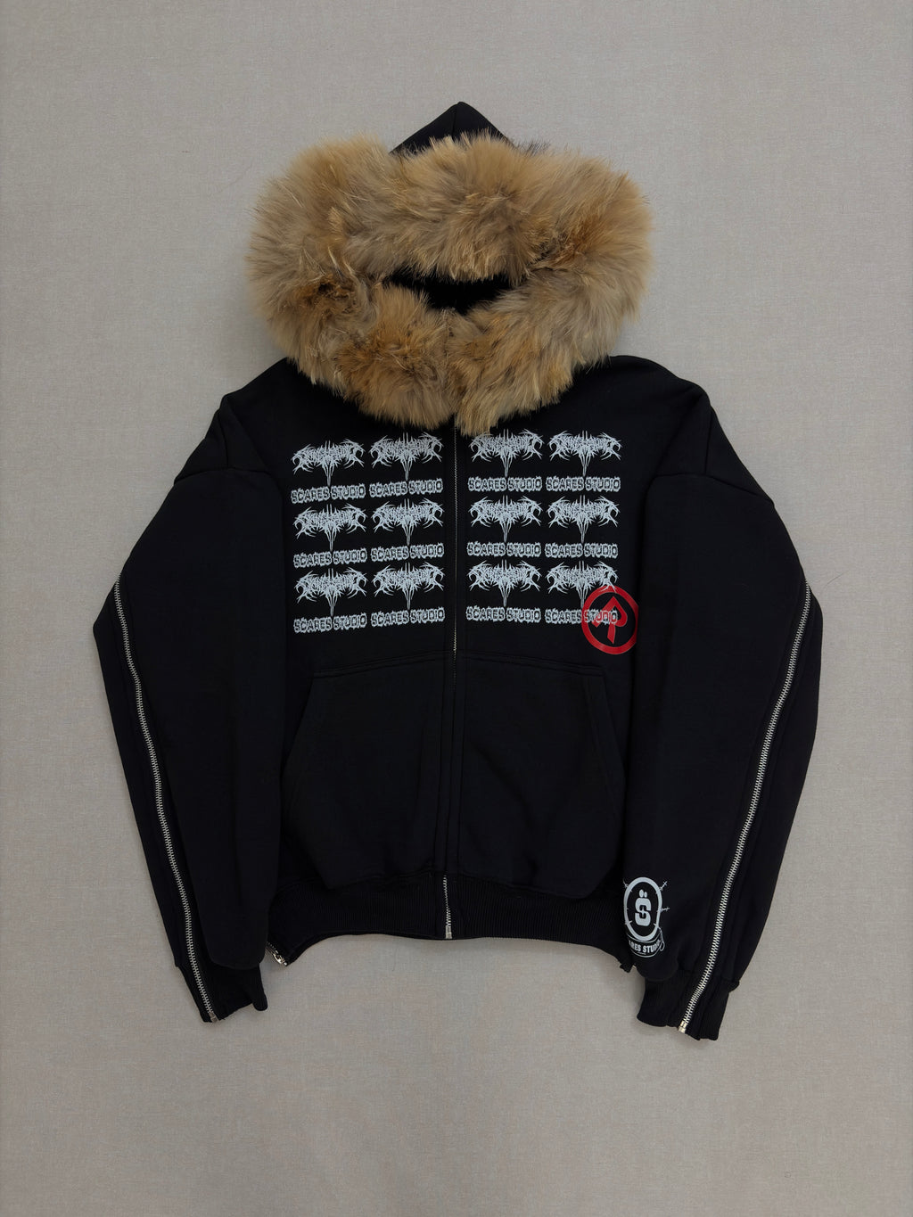 TRIBAL SYMBOLS BLACK FUR ZIPPER