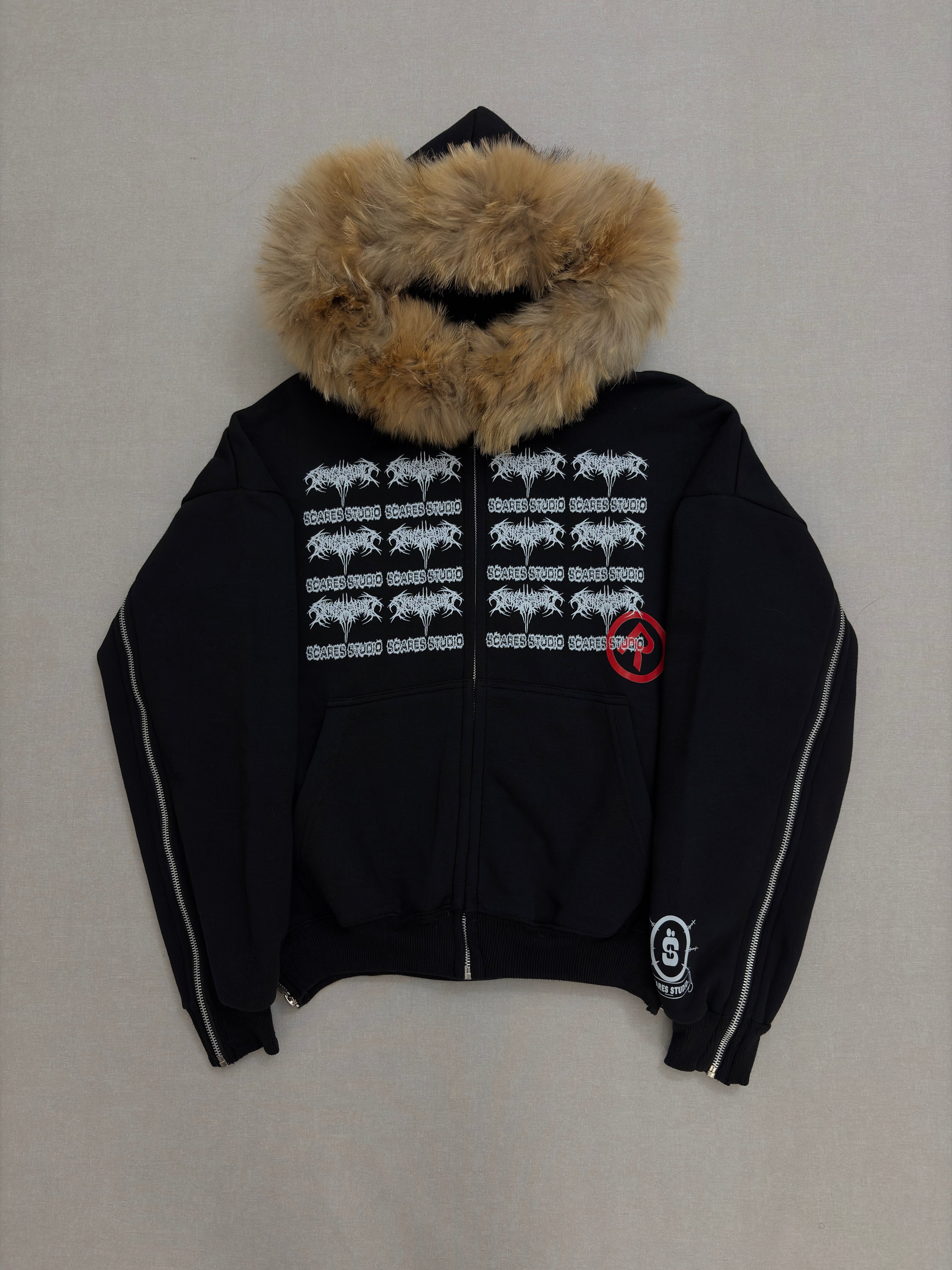 TRIBAL SYMBOLS BLACK FUR ZIPPER