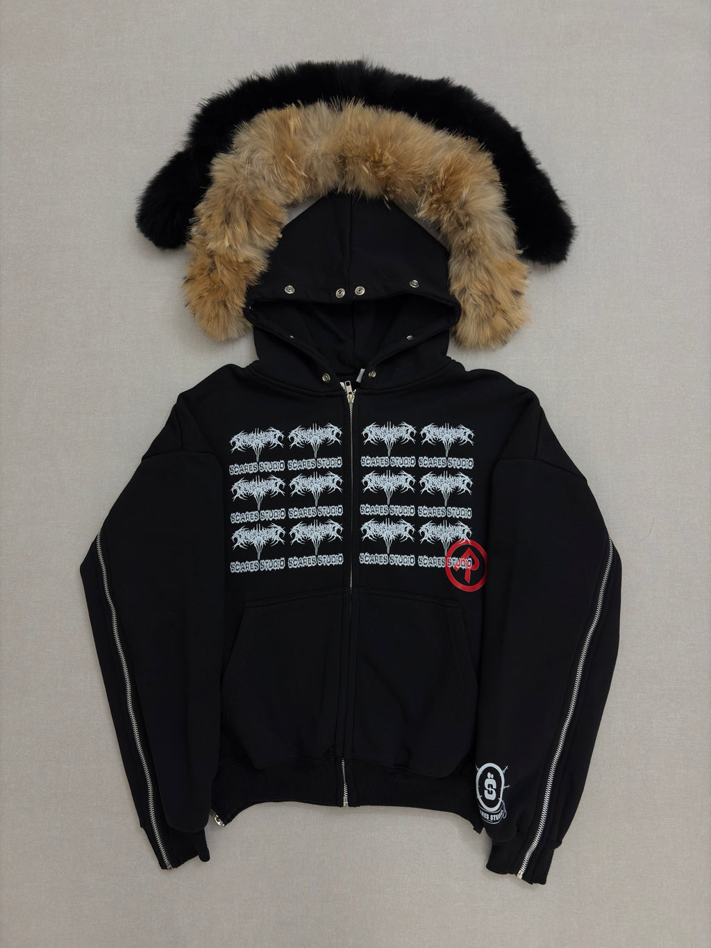 TRIBAL SYMBOLS BLACK FUR ZIPPER