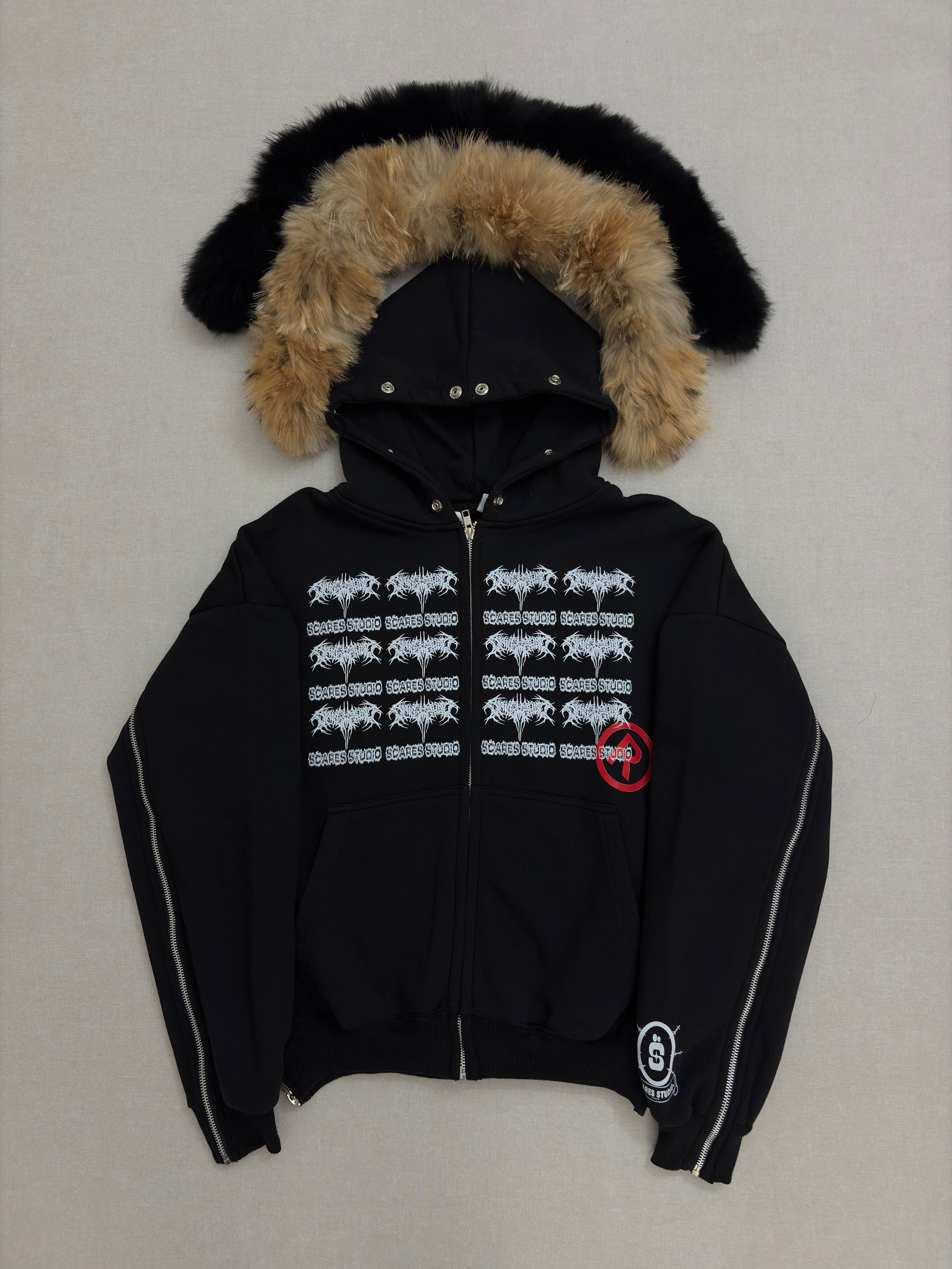 TRIBAL SYMBOLS BLACK FUR ZIPPER