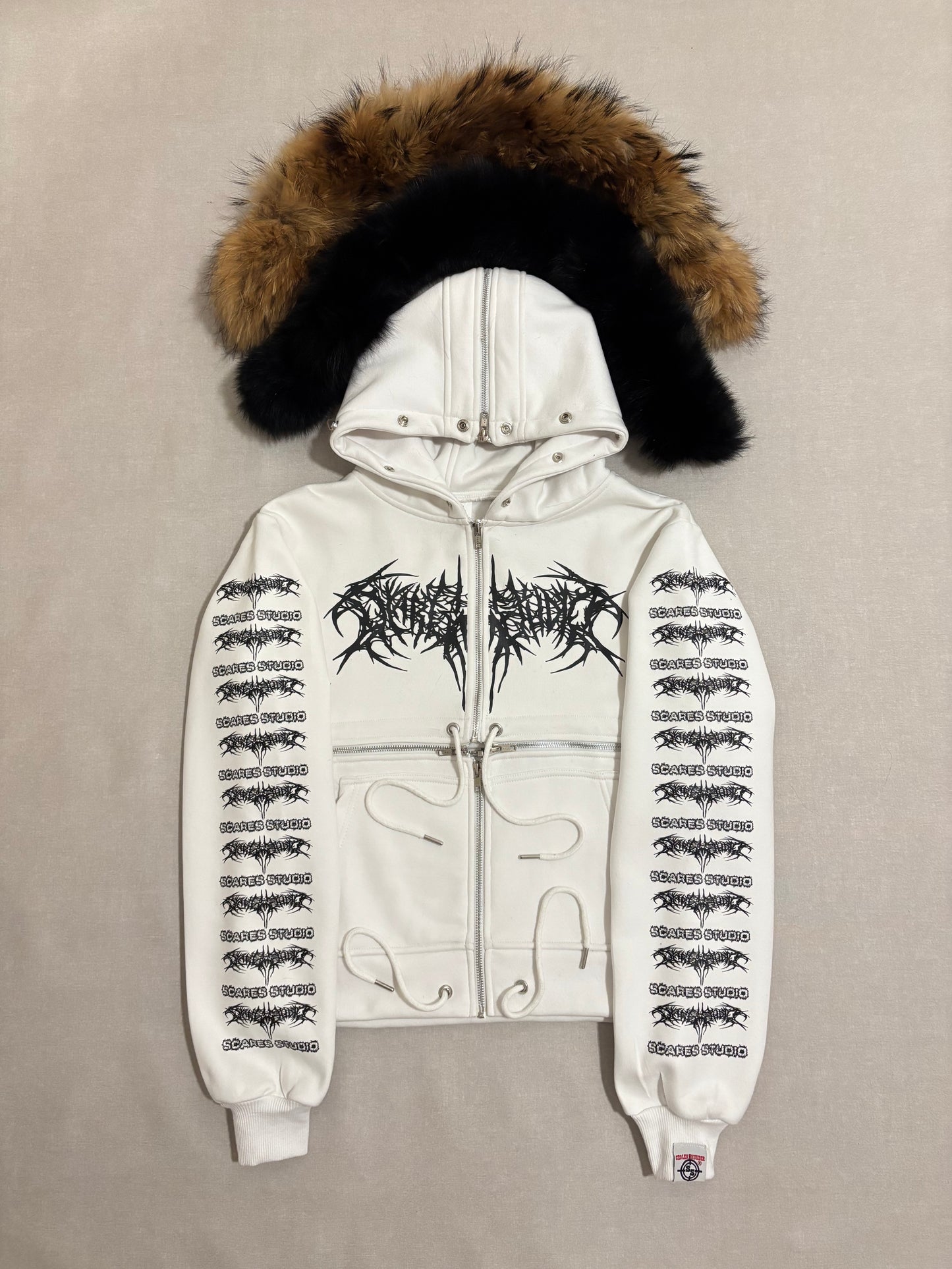 WHITE ARAB MANI RAGE CROSS-ZIPPER HOODIE