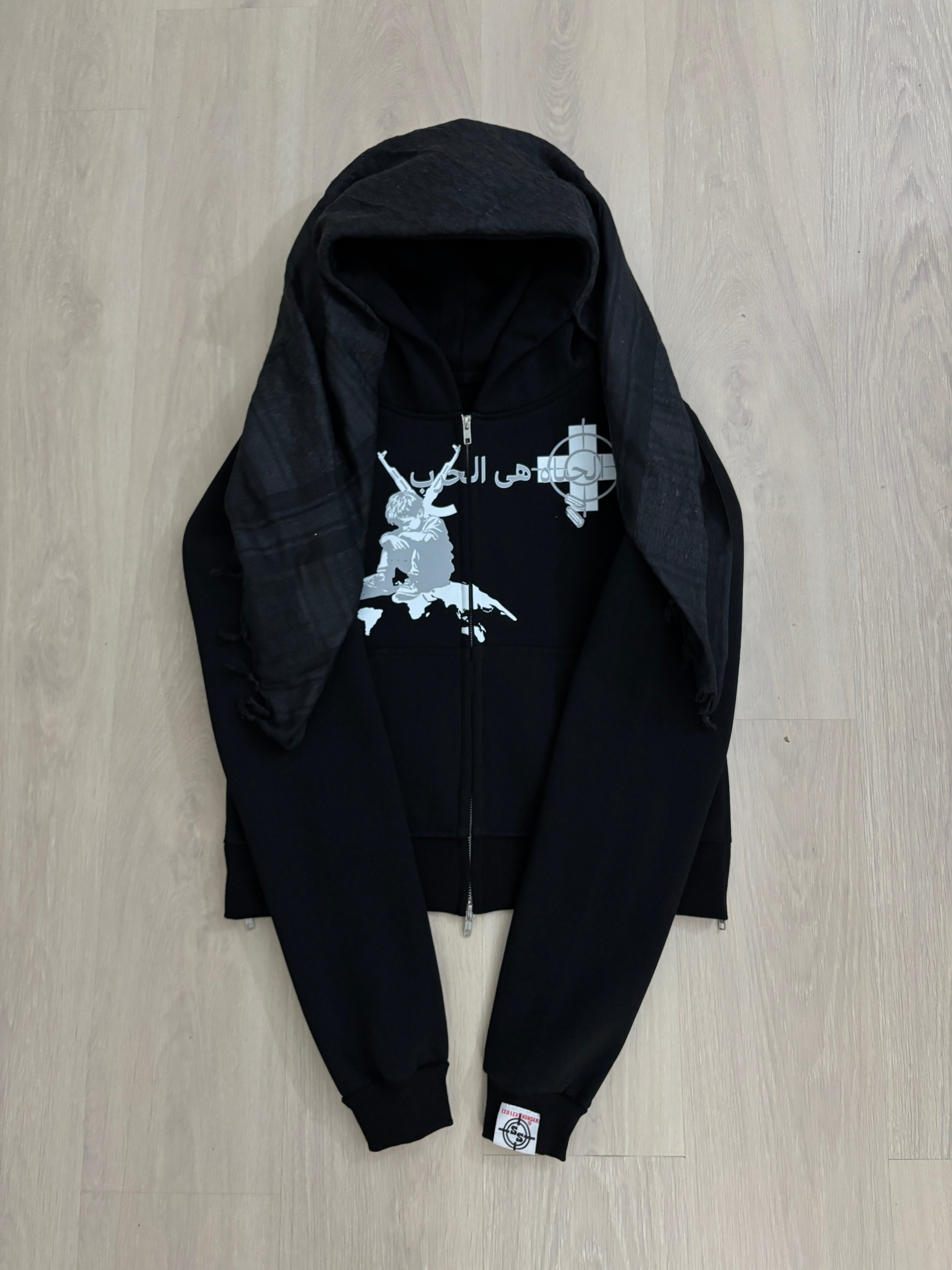 ARABIC (LIFE IS WAR) BLACK TURBAN SCARF ZIPPER