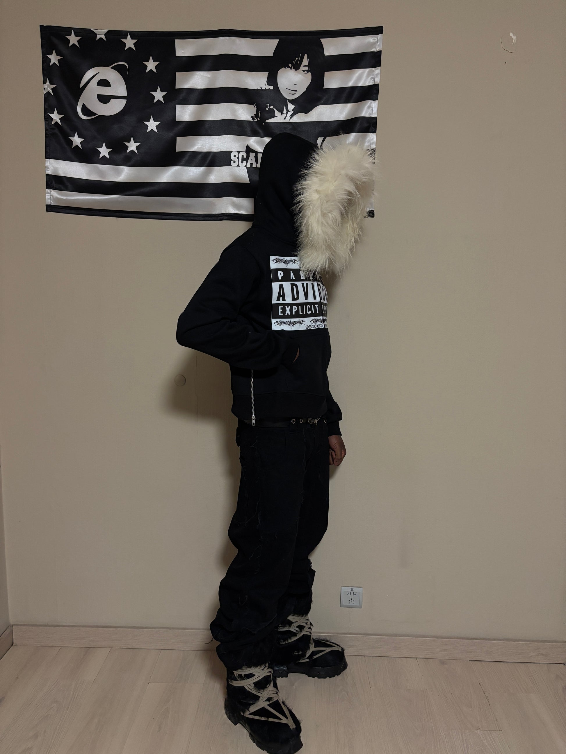 PARENTAL ADVISORY (WHITE FUR) BLACK ZIPPER