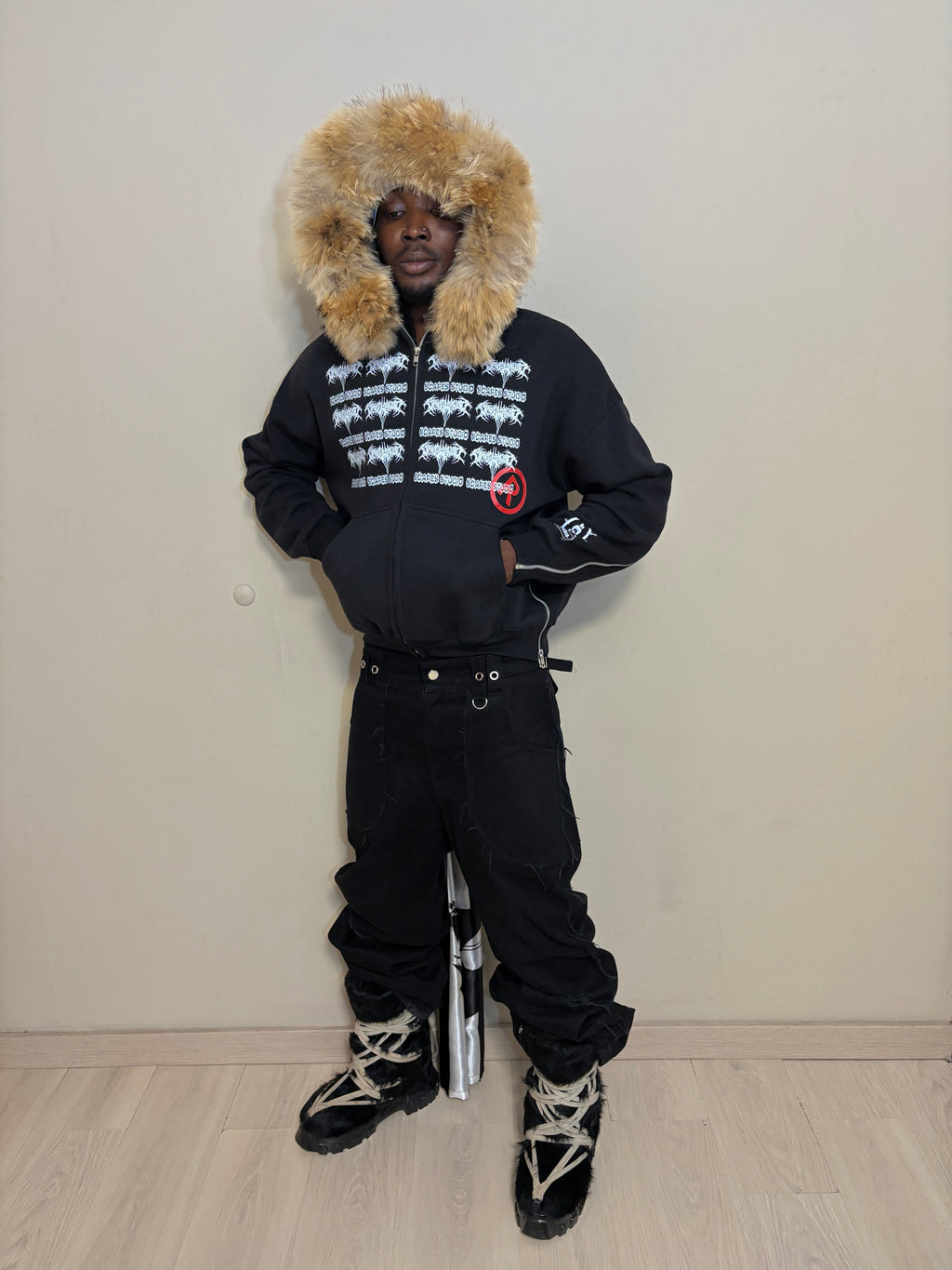 TRIBAL SYMBOLS BLACK FUR ZIPPER