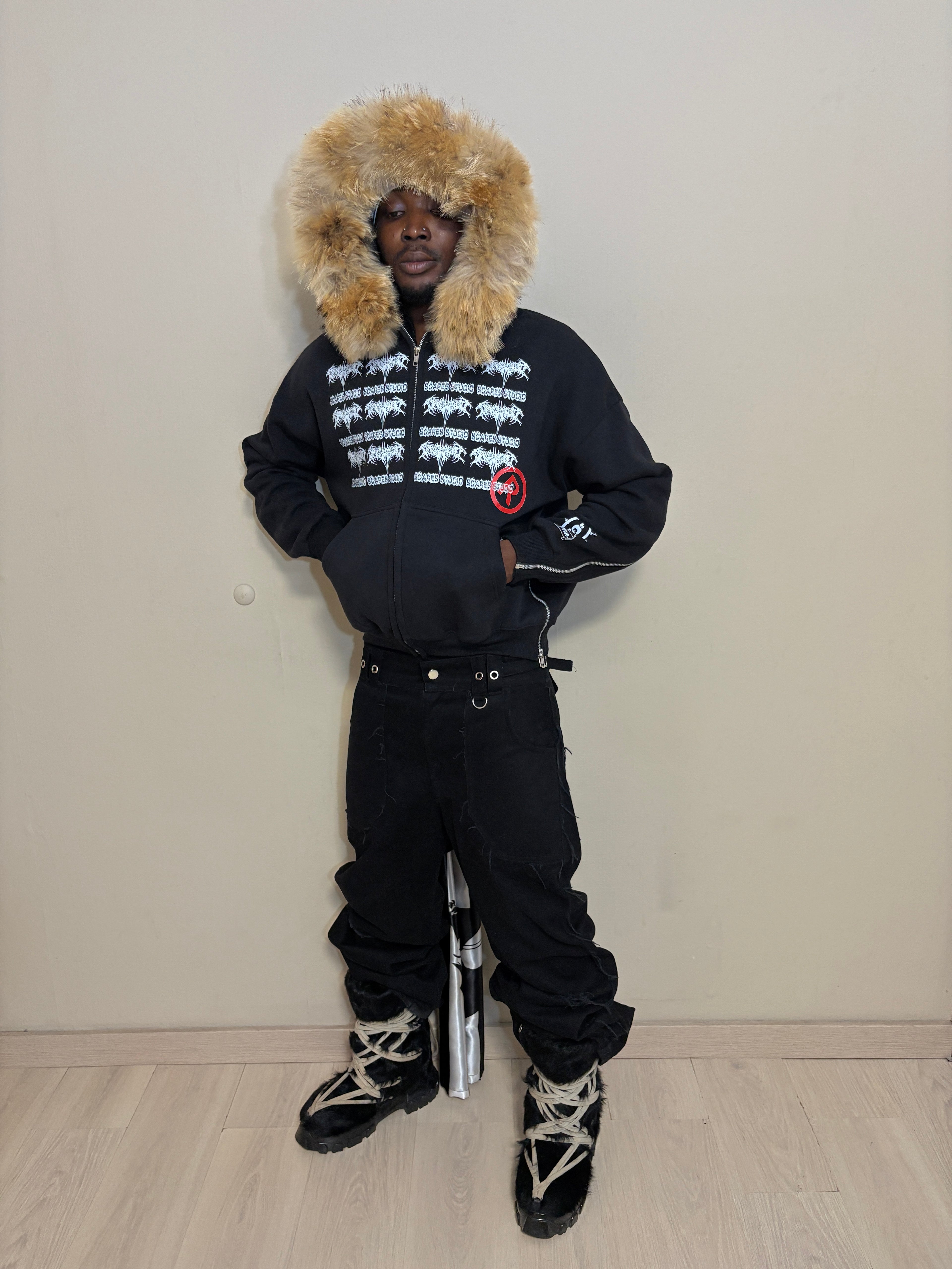 TRIBAL SYMBOLS BLACK FUR ZIPPER
