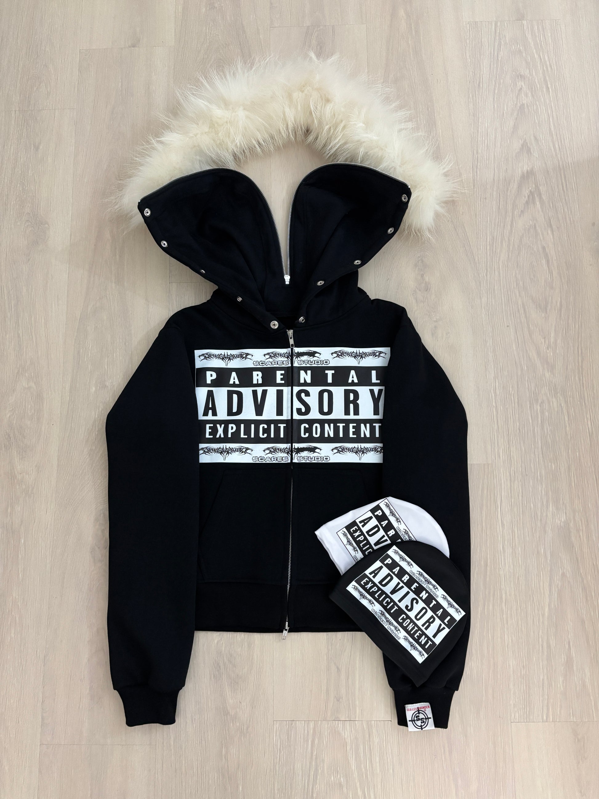 PARENTAL ADVISORY (WHITE FUR) BLACK ZIPPER