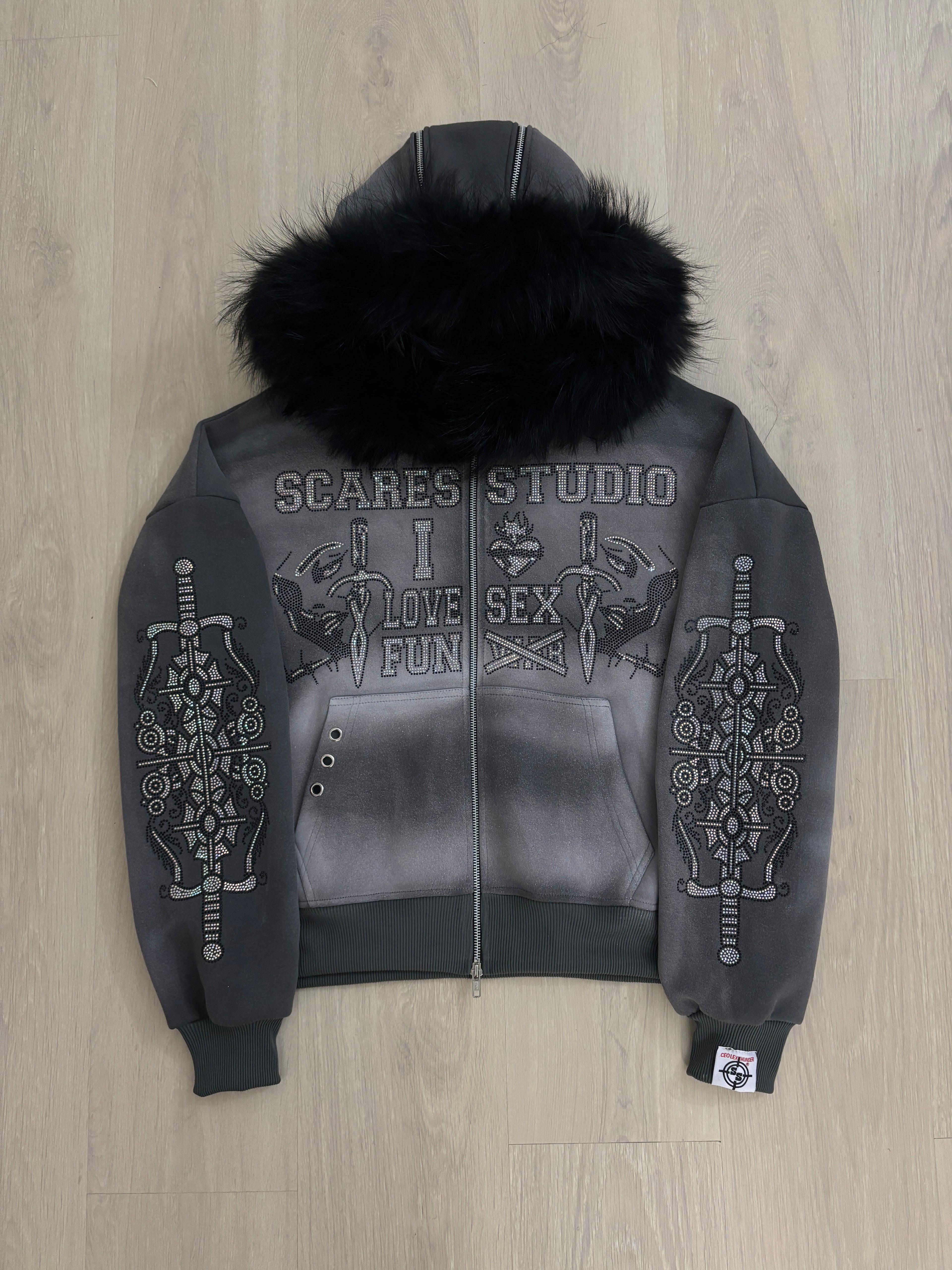 FACES OF FEELINGS SPRAY-WASH ASH GREY FUR ZIPPER