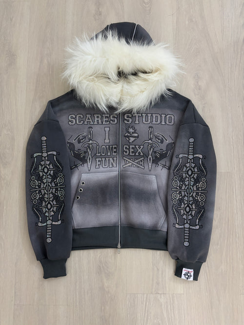 FACES OF FEELINGS SPRAY-WASH ASH GREY FUR ZIPPER