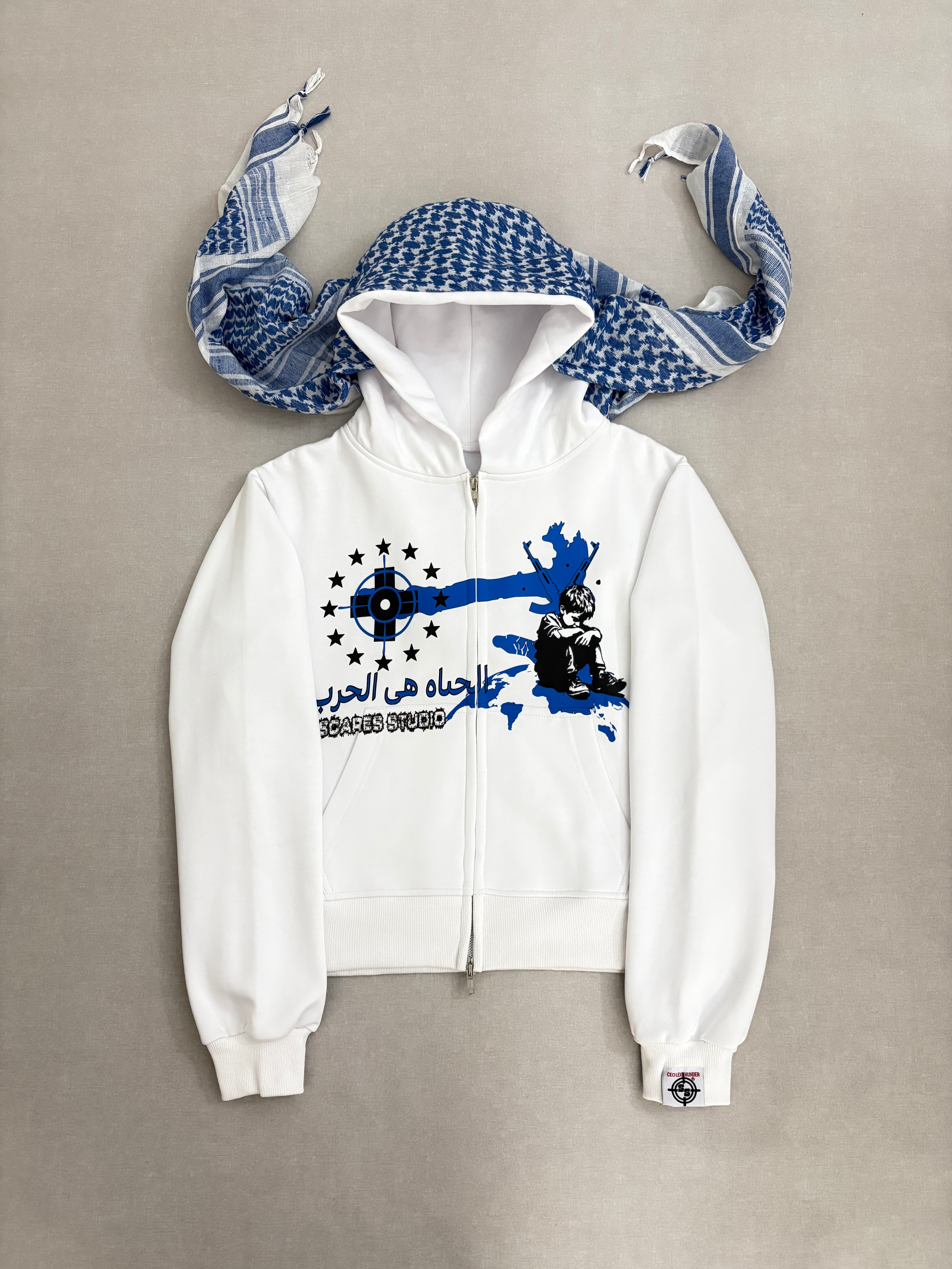 LIFE IZ WAR WHITE & SKY BLUE TURBAN SCARF ZIPPER