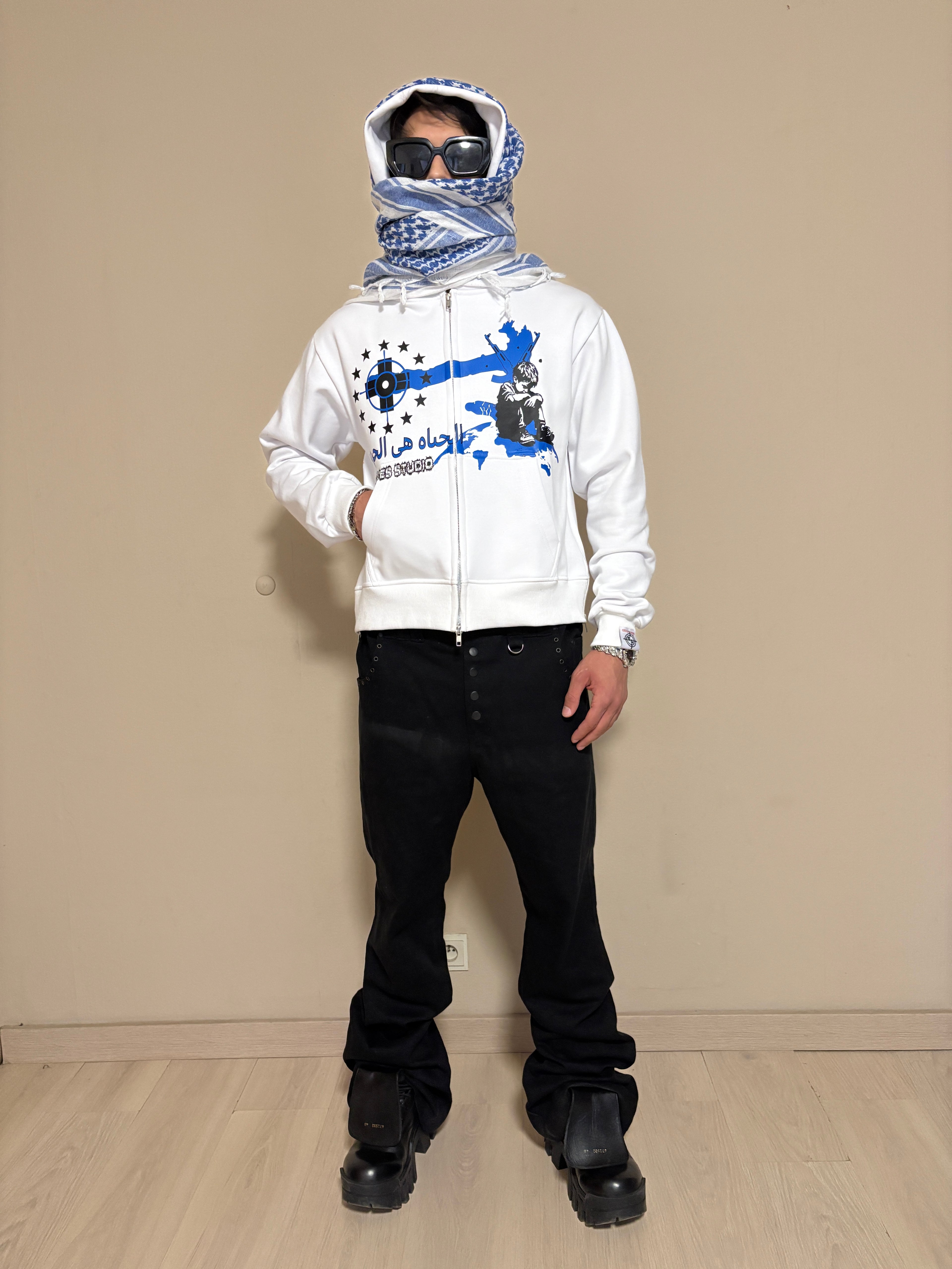 LIFE IZ WAR WHITE & SKY BLUE TURBAN SCARF ZIPPER