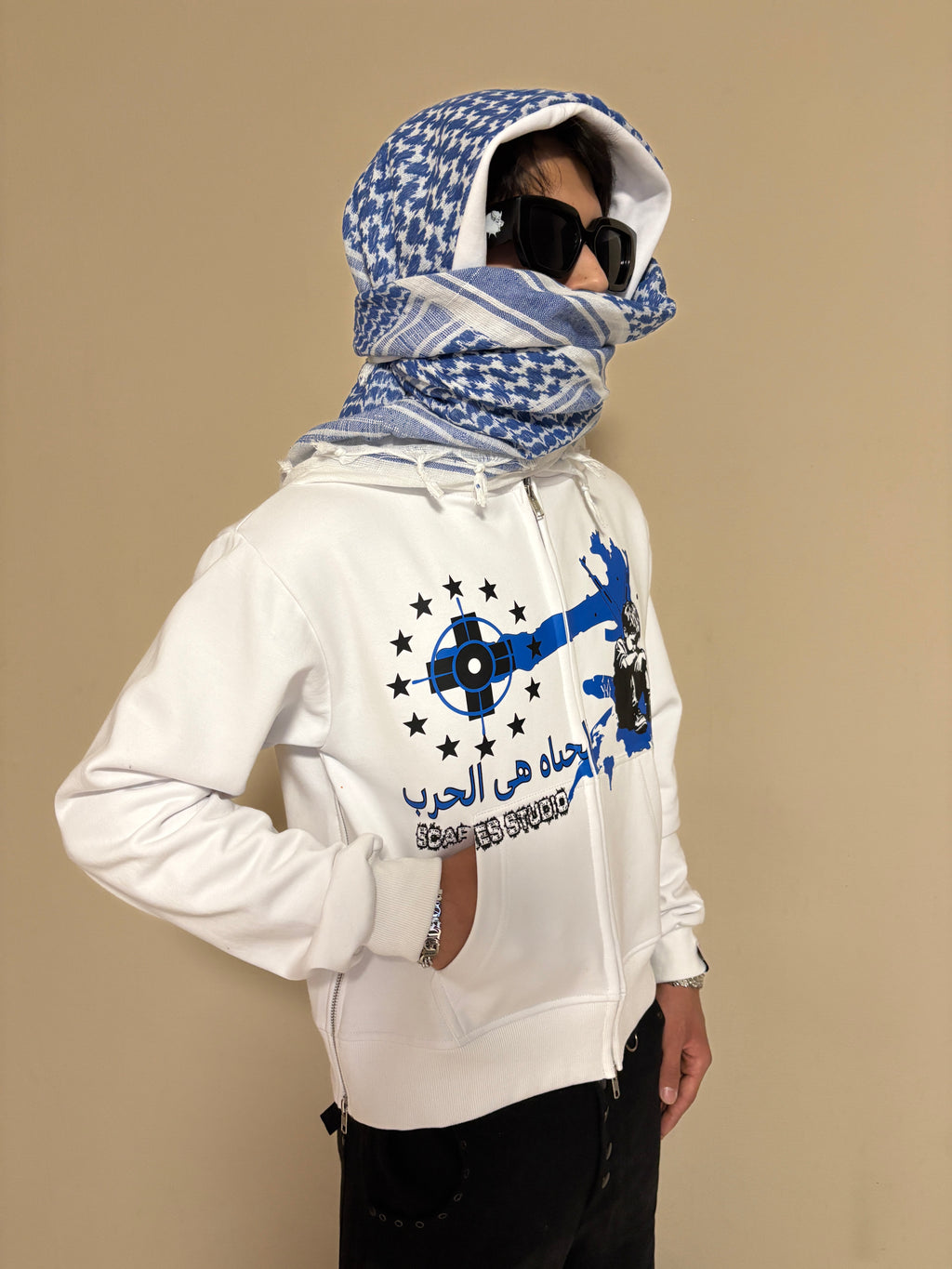 LIFE IZ WAR WHITE & SKY BLUE TURBAN SCARF ZIPPER