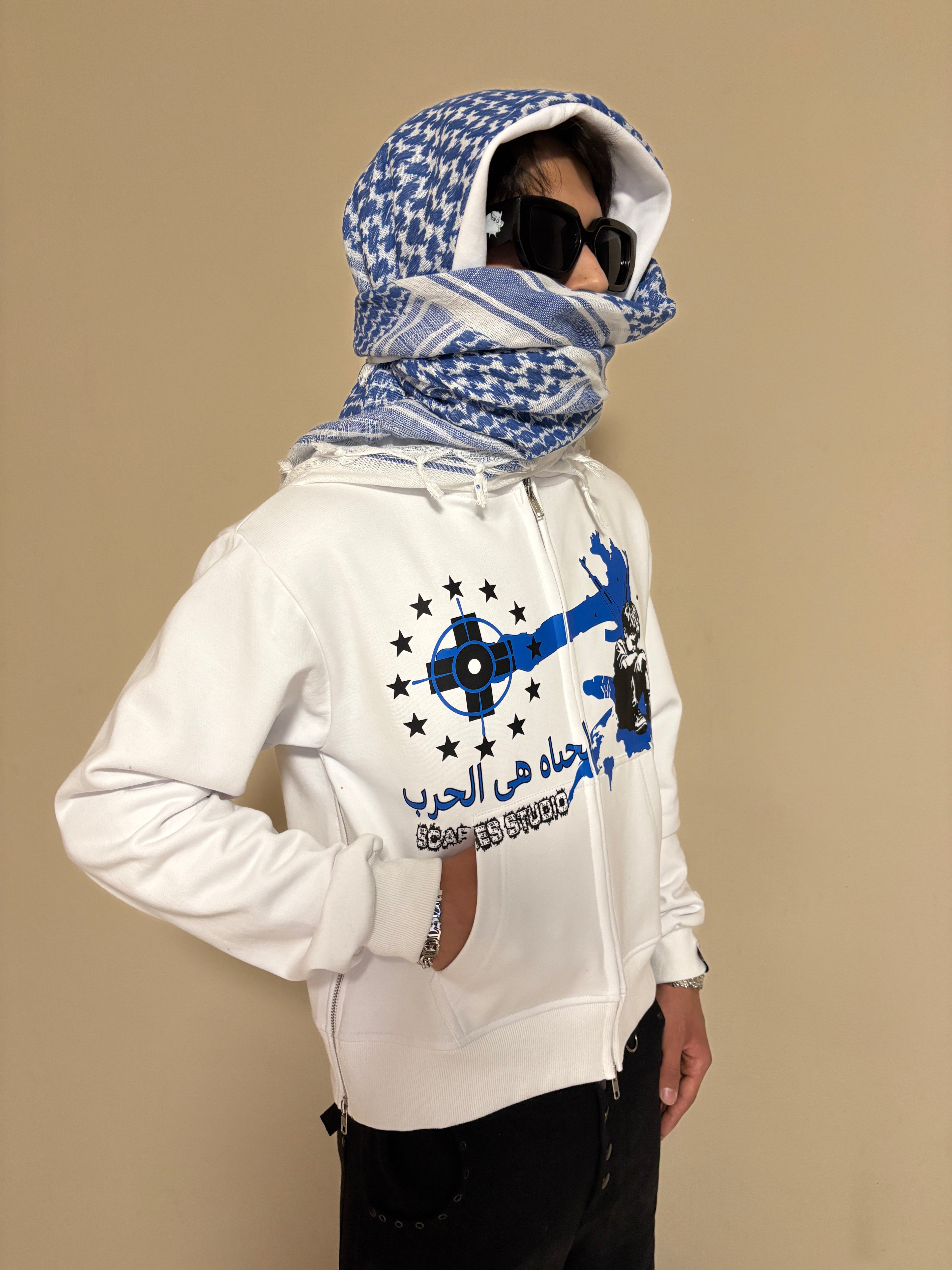 LIFE IZ WAR WHITE & SKY BLUE TURBAN SCARF ZIPPER