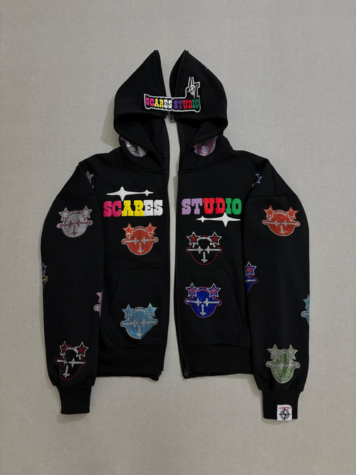 BLACK MULTI-COLOUR CARTOON STARS ZIPPER