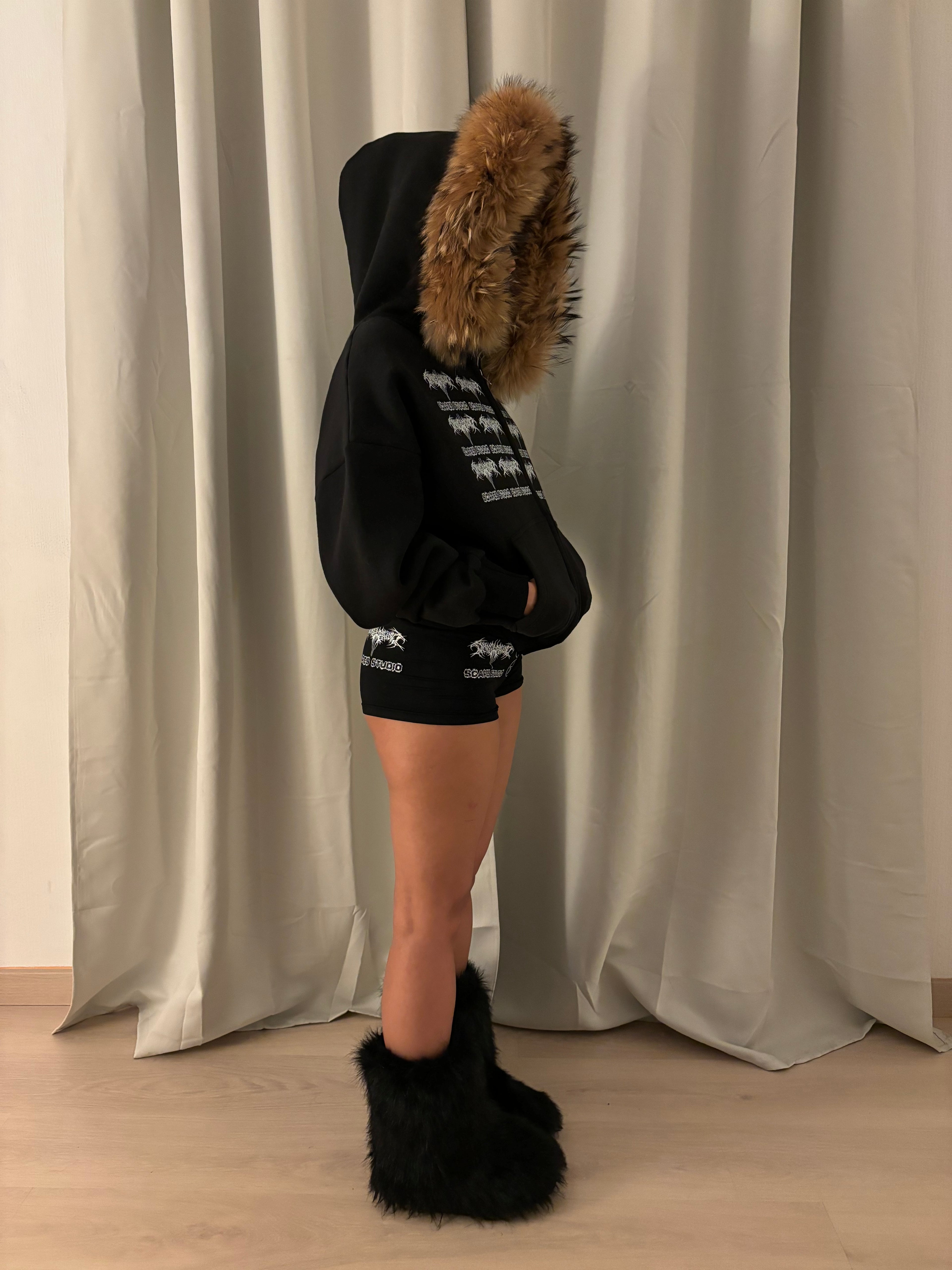 TRIBAL SYMBOLS BLACK FUR ZIPPER