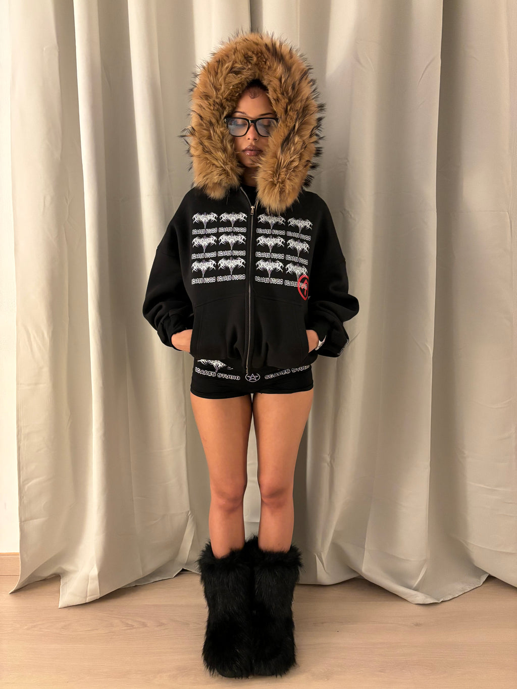 TRIBAL SYMBOLS BLACK FUR ZIPPER