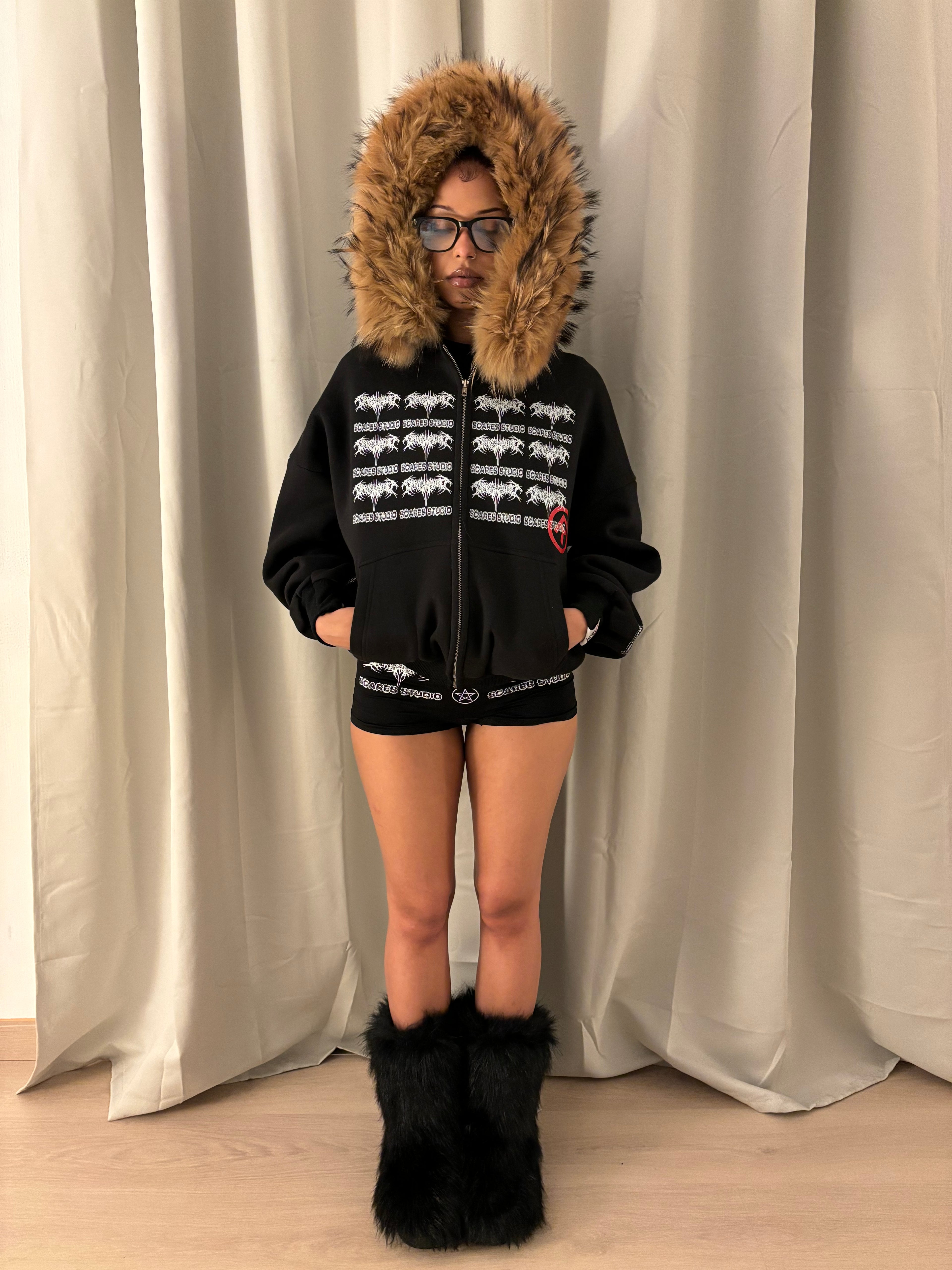 TRIBAL SYMBOLS BLACK FUR ZIPPER