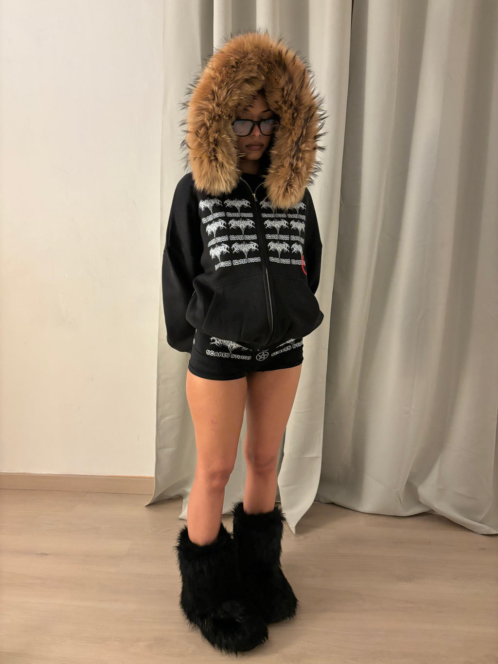 TRIBAL SYMBOLS BLACK FUR ZIPPER