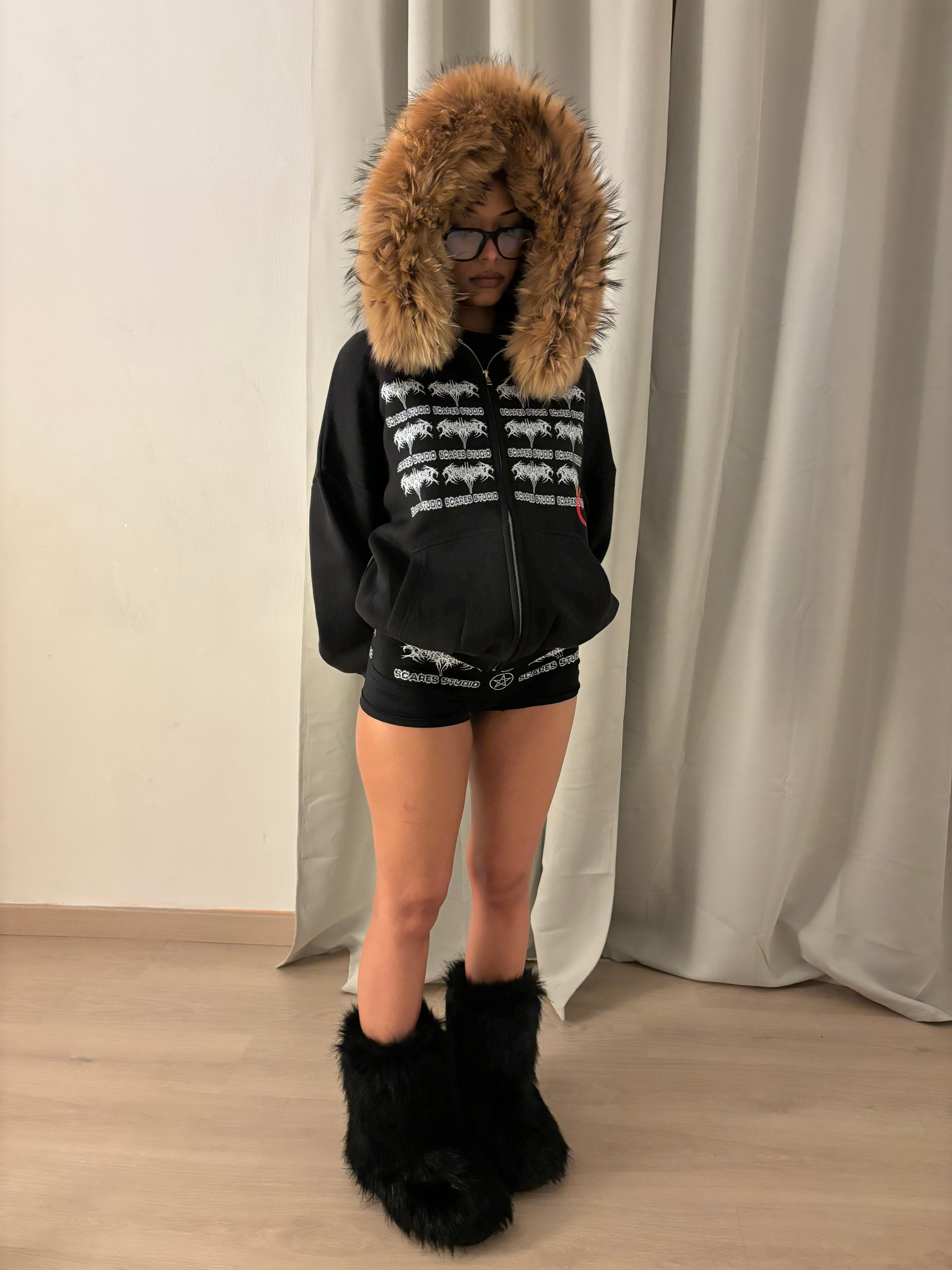 TRIBAL SYMBOLS BLACK FUR ZIPPER