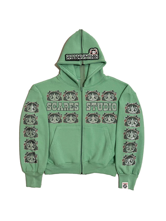 SEA GREEN RHINESTONE BARBIE ZIP-UP HOODIE