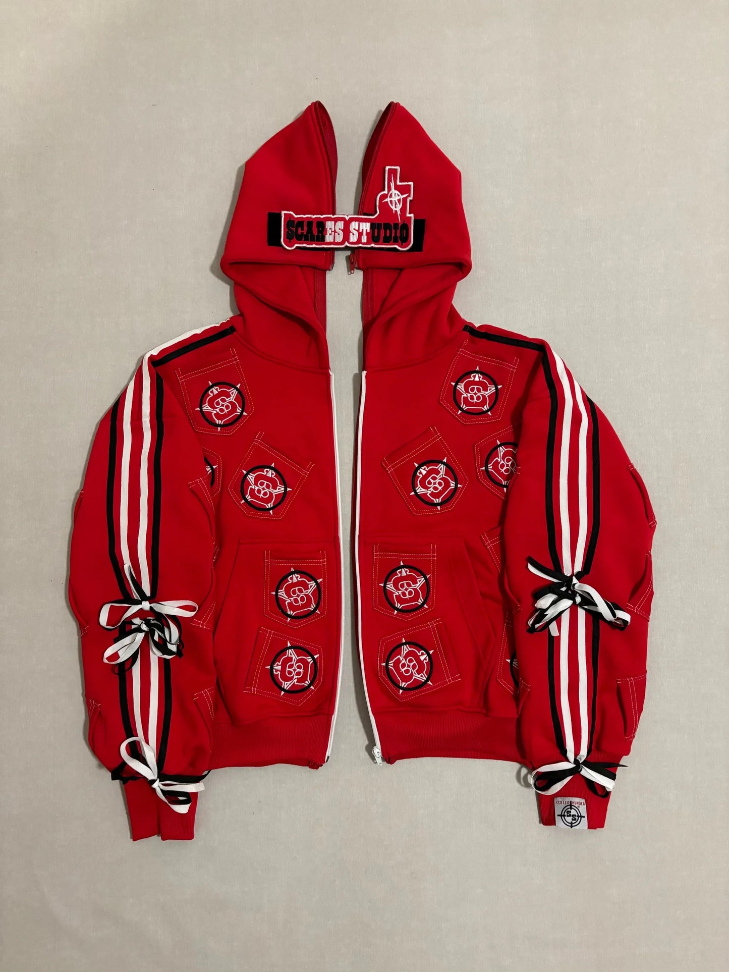 RED MULTI-POCKETS ZIP-UP HOODIE