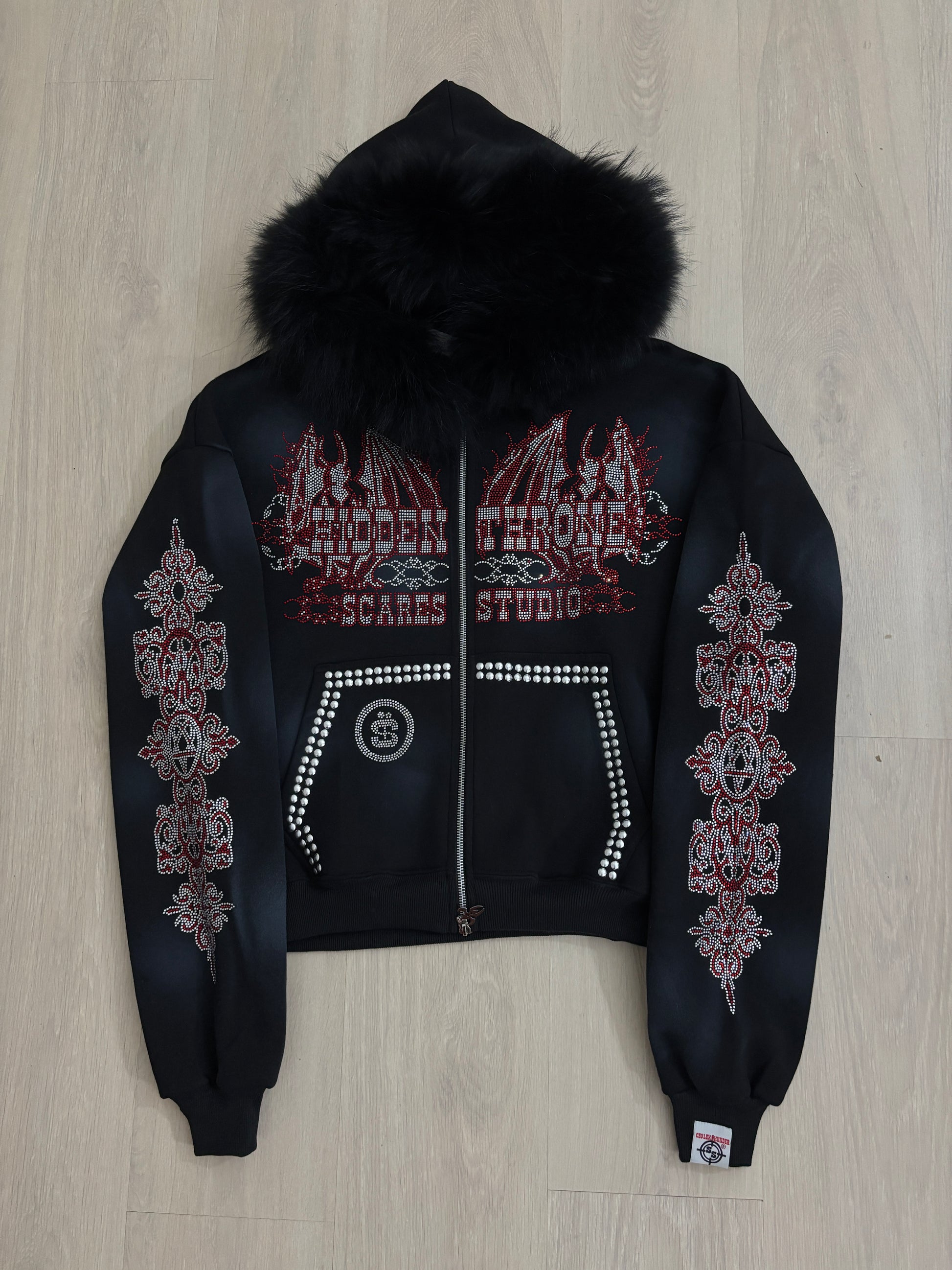 HIDDEN THRONE BLACK SPRAY HOODIE FUR ZIPPER