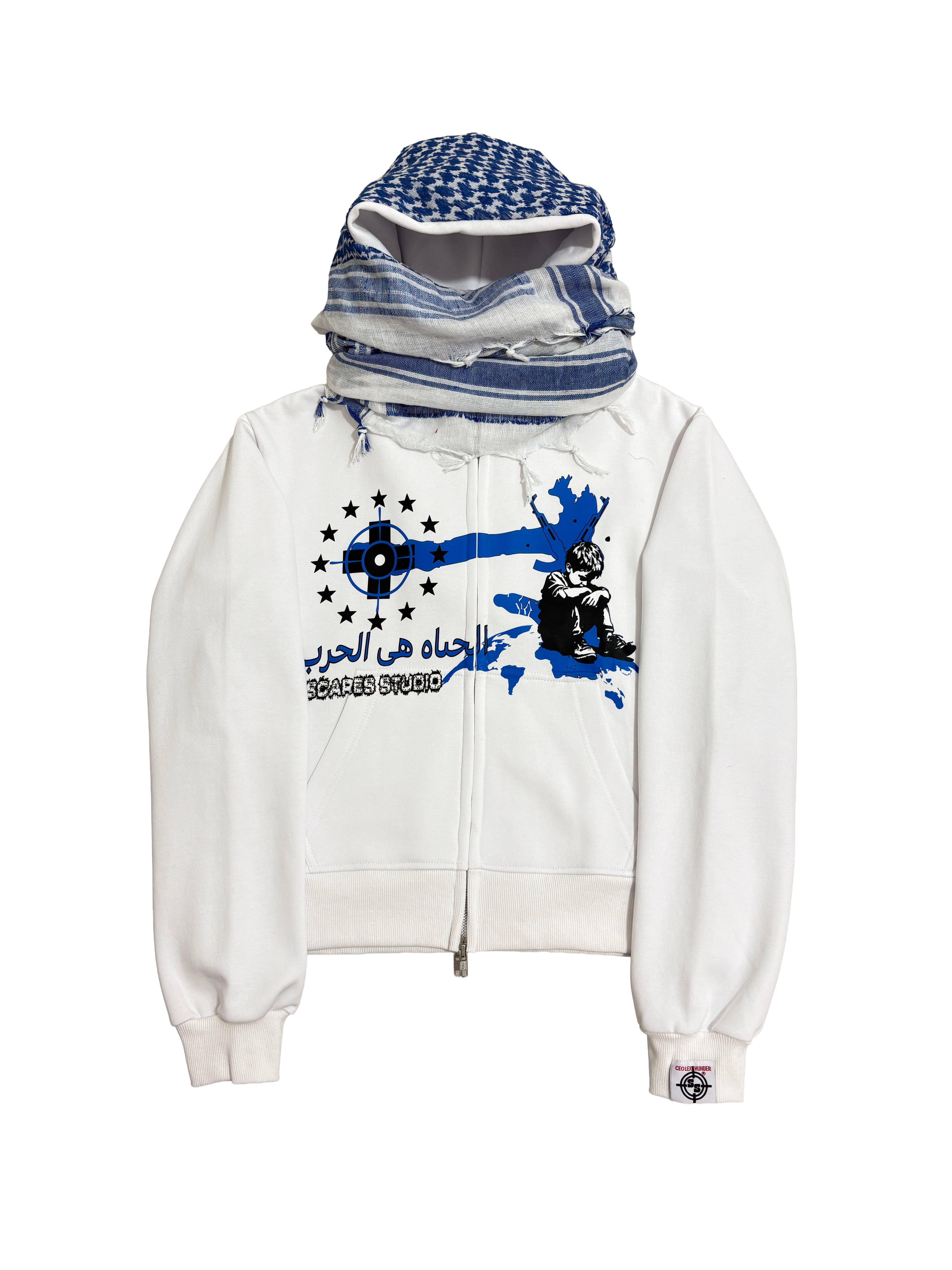 LIFE IZ WAR WHITE & SKY BLUE TURBAN SCARF ZIPPER