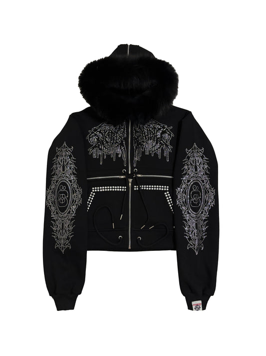 TRIBAL SYMBOL CROSS-ZIPPER HOODIE